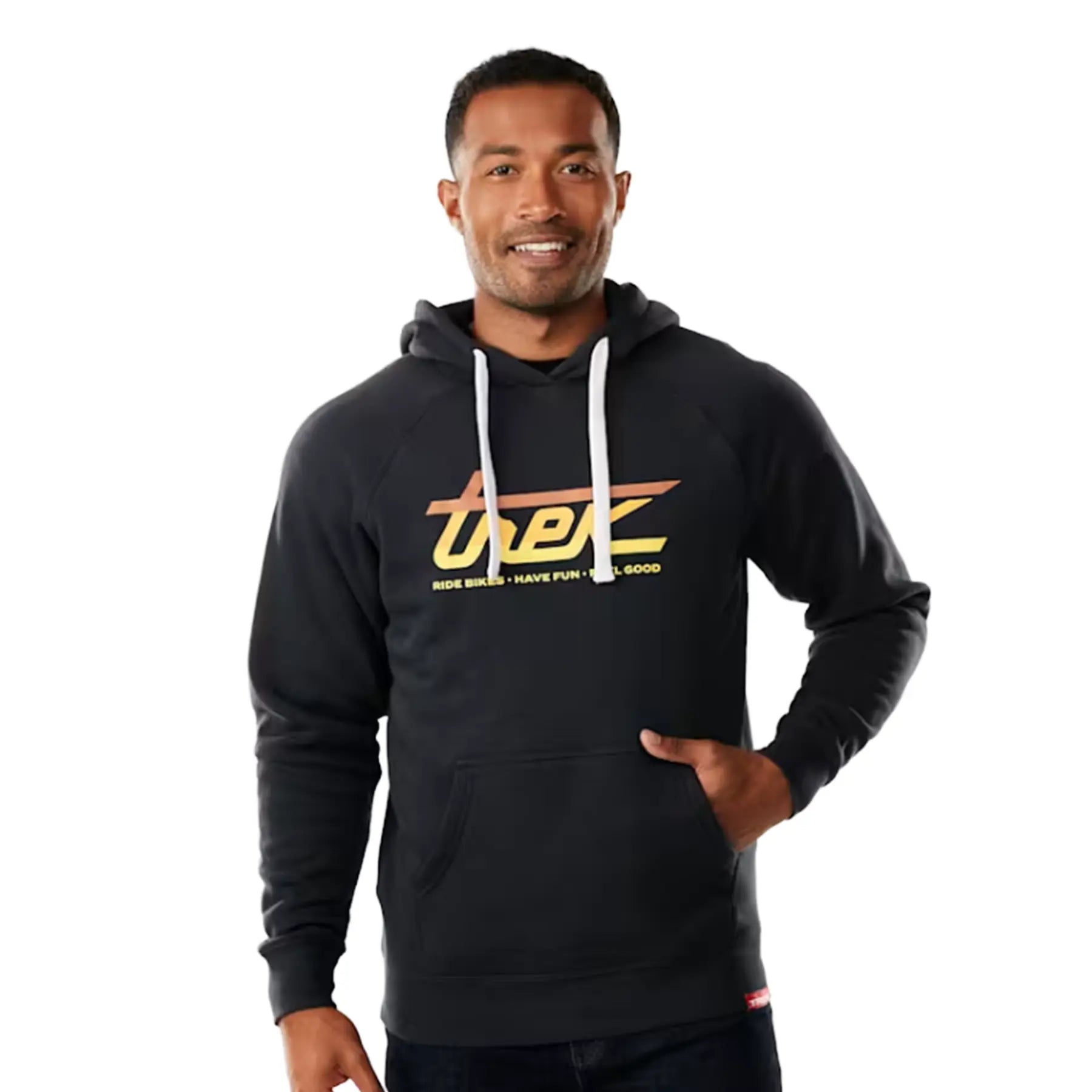 Front view of the Trek Sunrise Script Hoodie in Dark Navy with an orange to yellow fade Trek graphic and white hood strings against a white background.