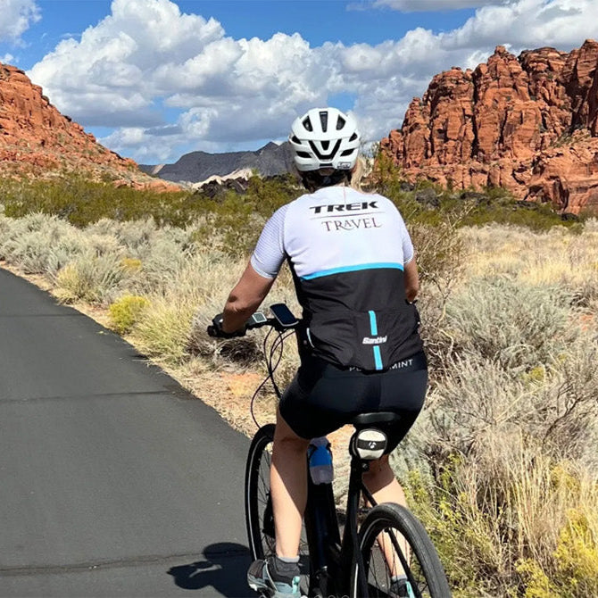 Biker on a Trek Travel Trip on a desert road in Zion National Park with red rock formations in the background.