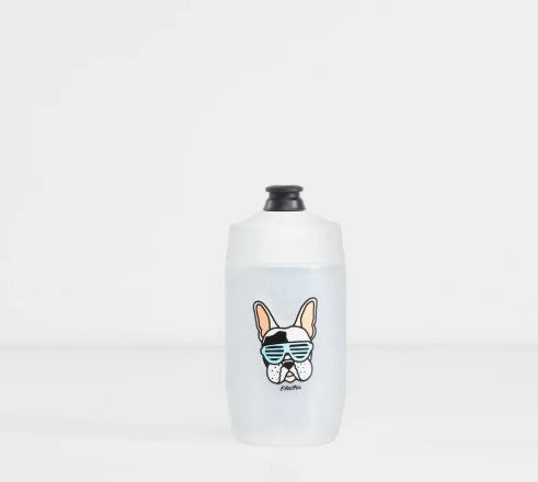 Clear Trek Voda 15 ounce water bottle with a  French bulldog illustration wearing sunglasses on a white background.