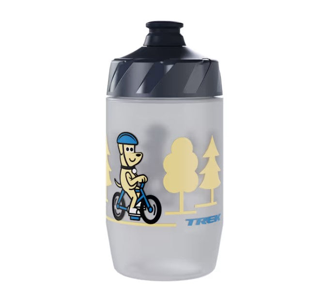 Trek Voda 15 ounce bicycle water bottle with cartoon dog on a bike and tree design, featuring the Trek brand.