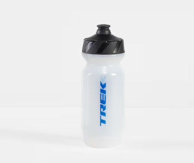 Clear Trek Voda 21 ounce water bottle with black cap and blue 'Trek' logo on a white background