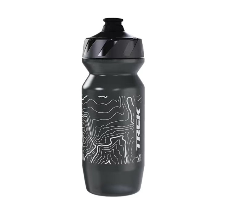 Black Trek Voda 21 ounce water bottle with topographic design and 'Trek' branding on a white background