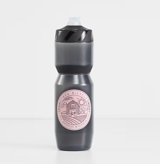 Gray Trek Voda Flow 26 ounce water bottle with pink logo on a white background.