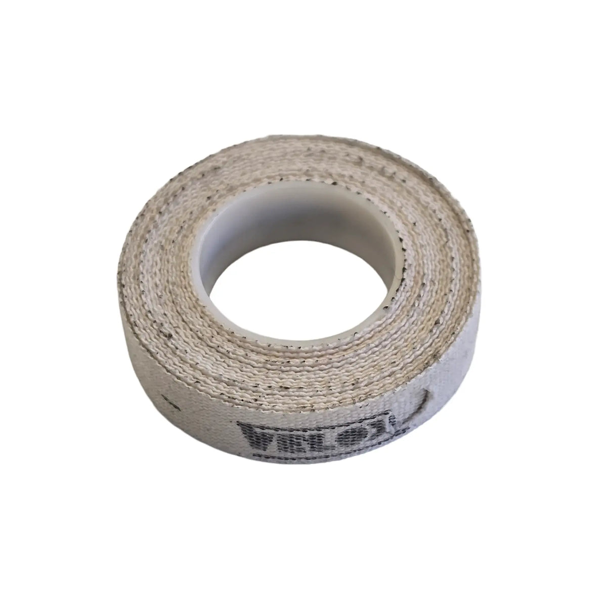 Angled view of the Velox Single Roll Cloth Rim Tape in 10mm width off-white tape against a white background.