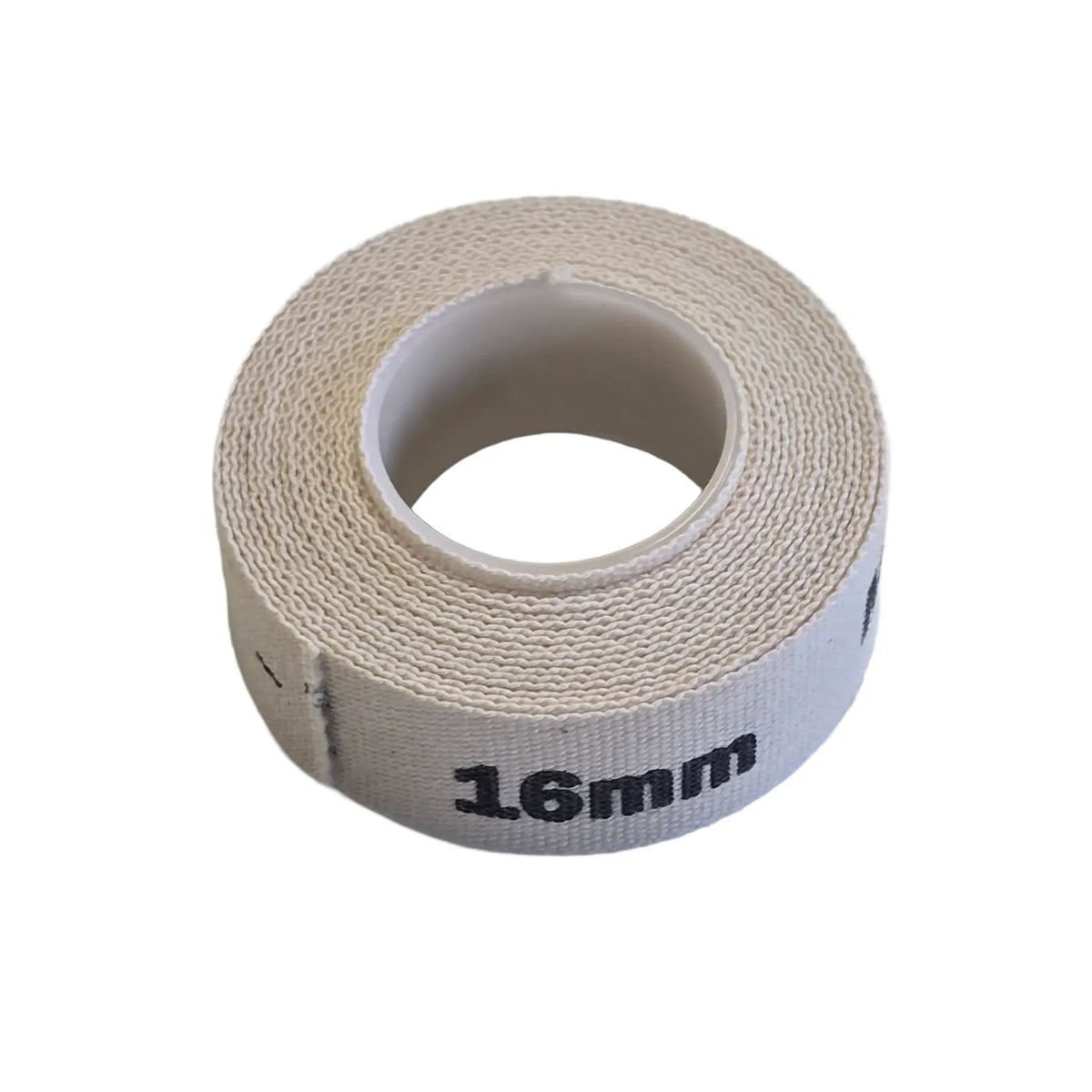 Angled view of the Velox Single Roll Cloth Rim Tape in 16mm width off-white tape against a white background.