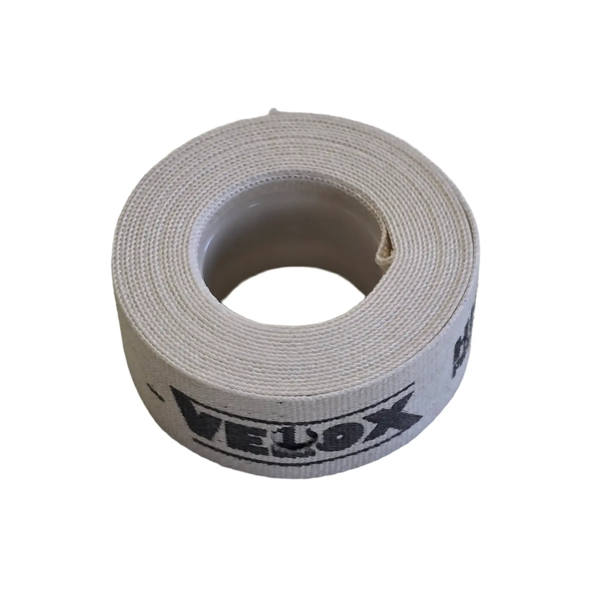 Angled view of the Velox Single Roll Cloth Rim Tape in 19mm width off-white tape against a white background.