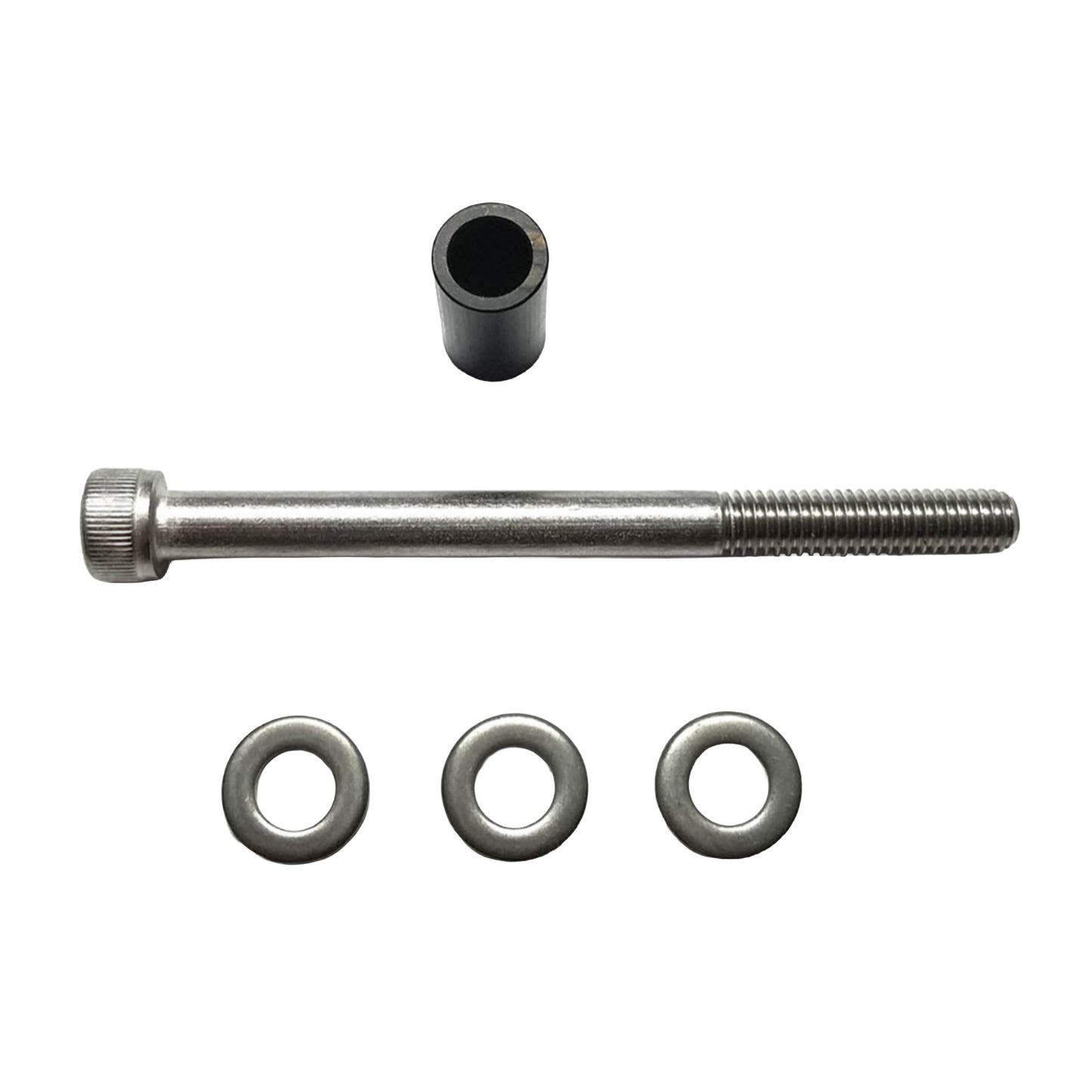 Image of a Volae Front Idler Conversion Hardware kit including a stainless steel bolt, three stainless washers, and a cylindrical black spacer against a white background.