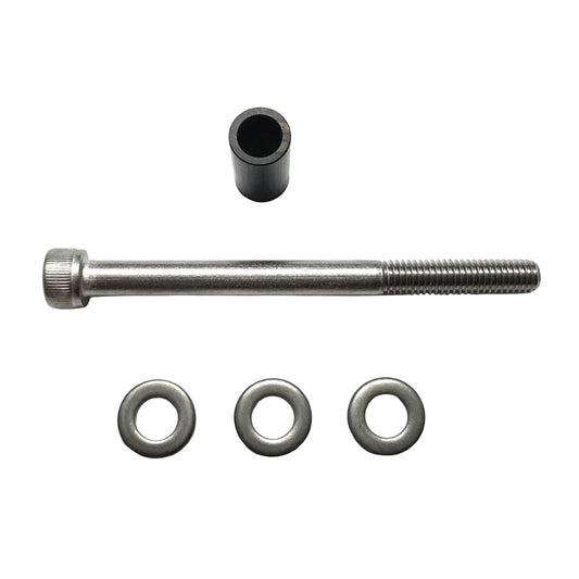 Image of a Volae Front Idler Conversion Hardware kit including a stainless steel bolt, three stainless washers, and a cylindrical black spacer against a white background.
