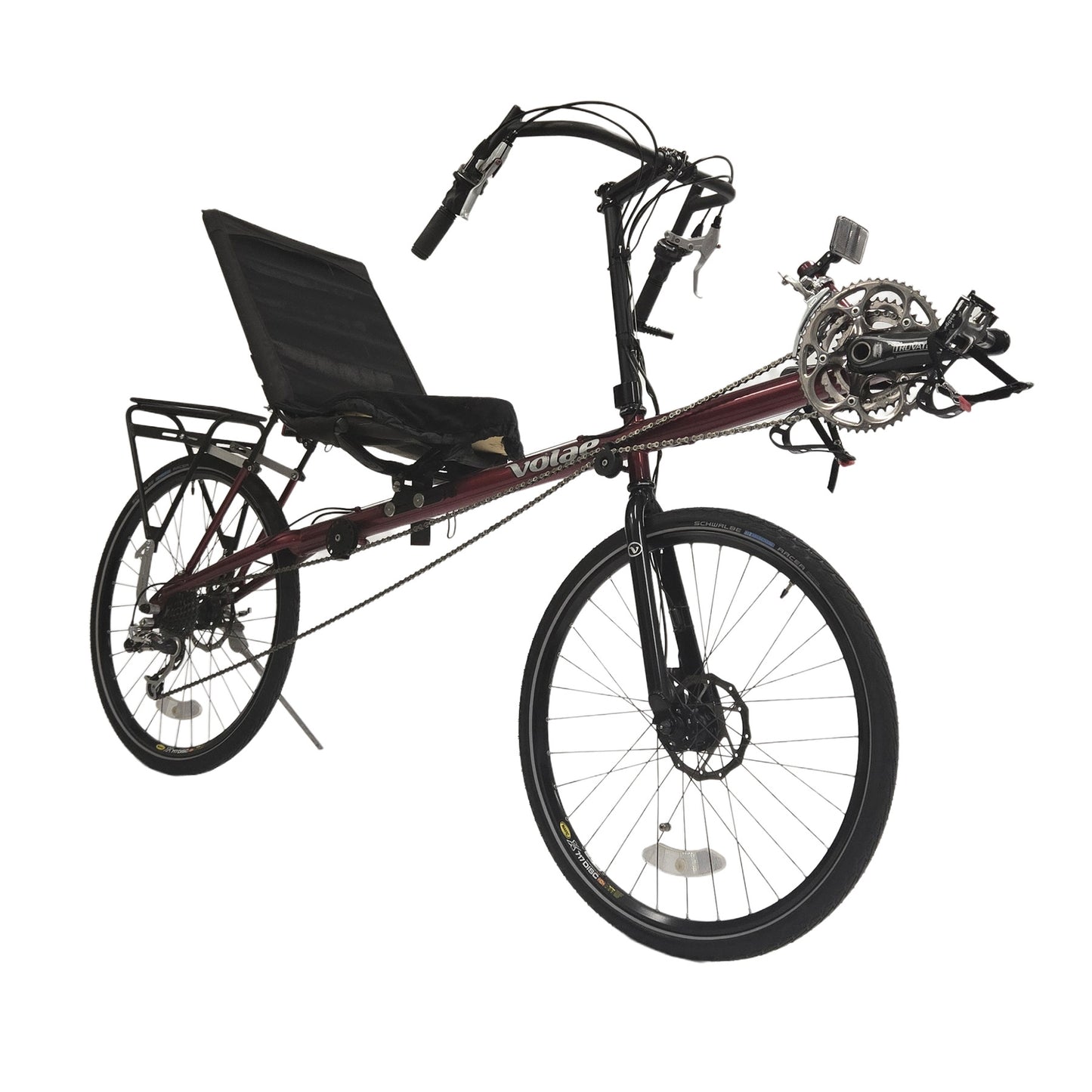 Angled side view of the Volae Used Expedition Pro Candy Red Recumbent Bicycle XL against a white background.