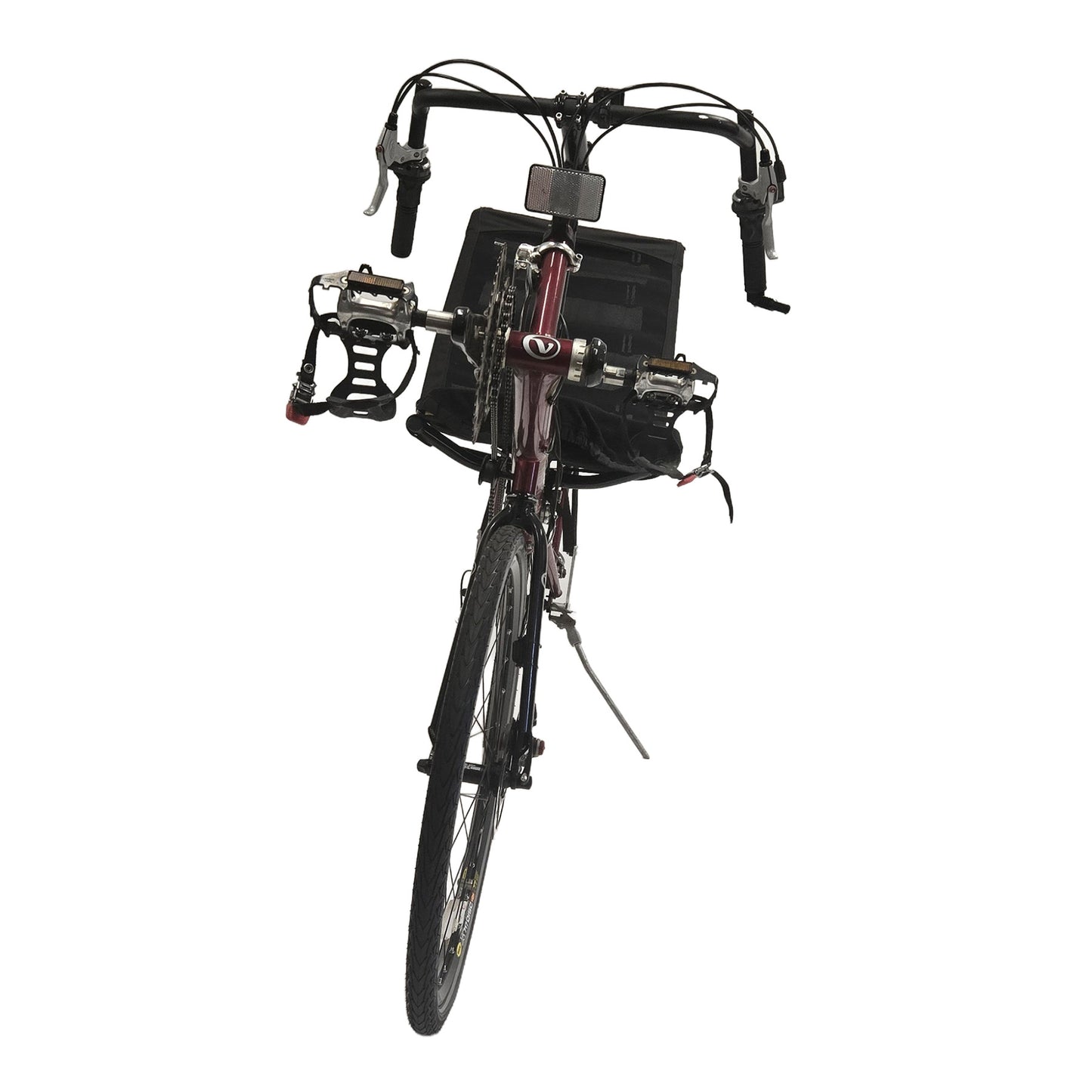 Front view of the Volae Used Expedition Pro Candy Red Recumbent Bicycle XL against a white background.