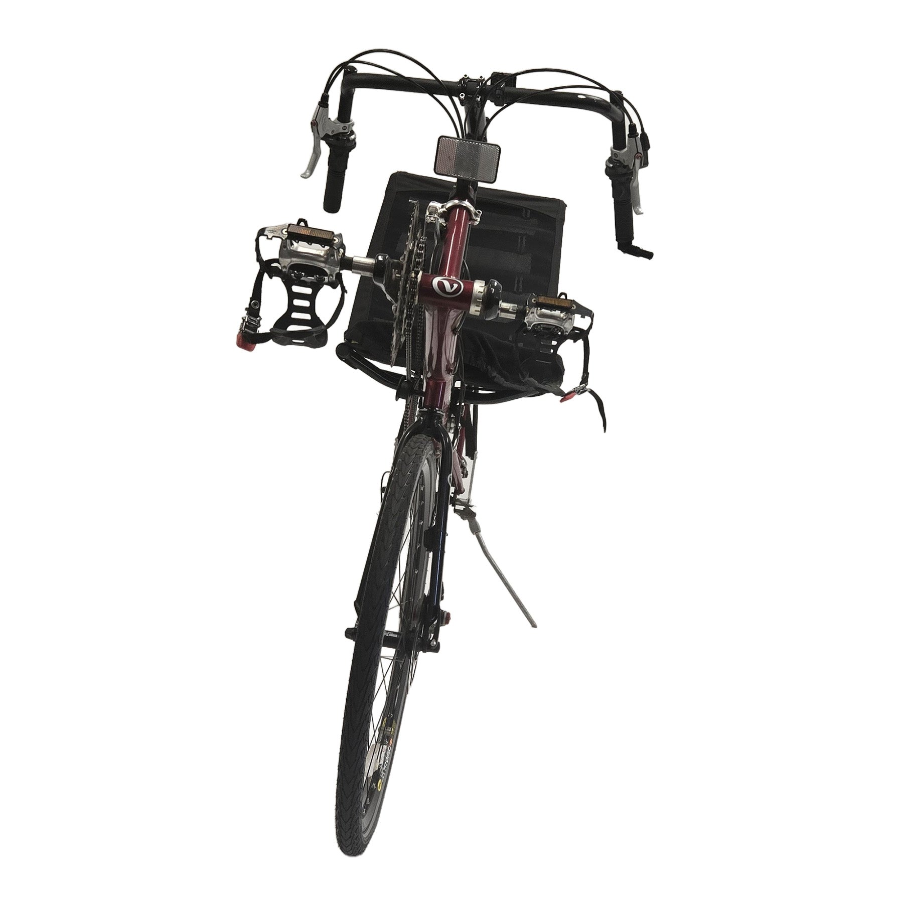 Front view of the Volae Used Expedition Pro Candy Red Recumbent Bicycle XL against a white background.