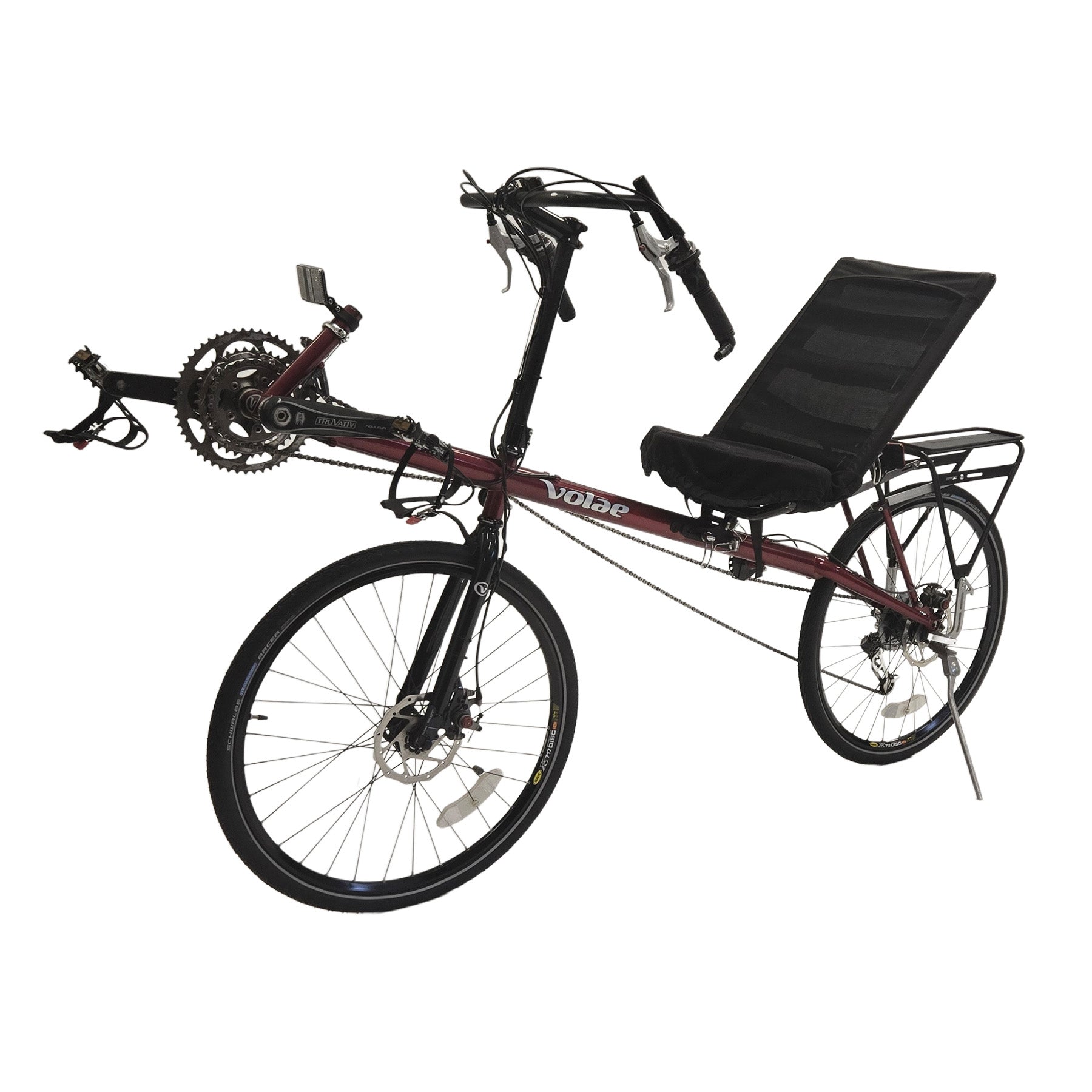 Angled non-drive side view of the Volae Used Expedition Pro Candy Red Recumbent Bicycle XL against a white background.