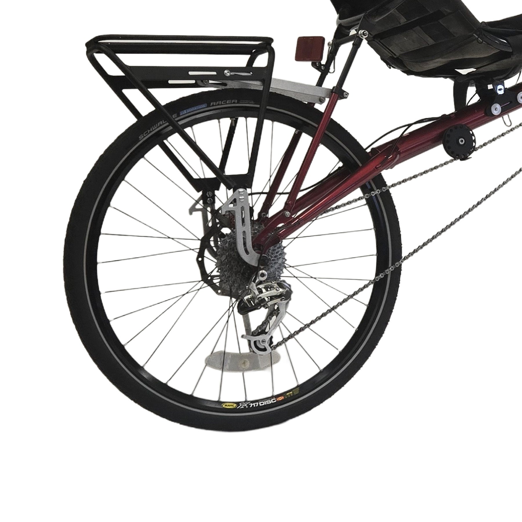 Closeup rear view of the Volae Used Expedition Pro Candy Red Recumbent Bicycle XL against a white background.