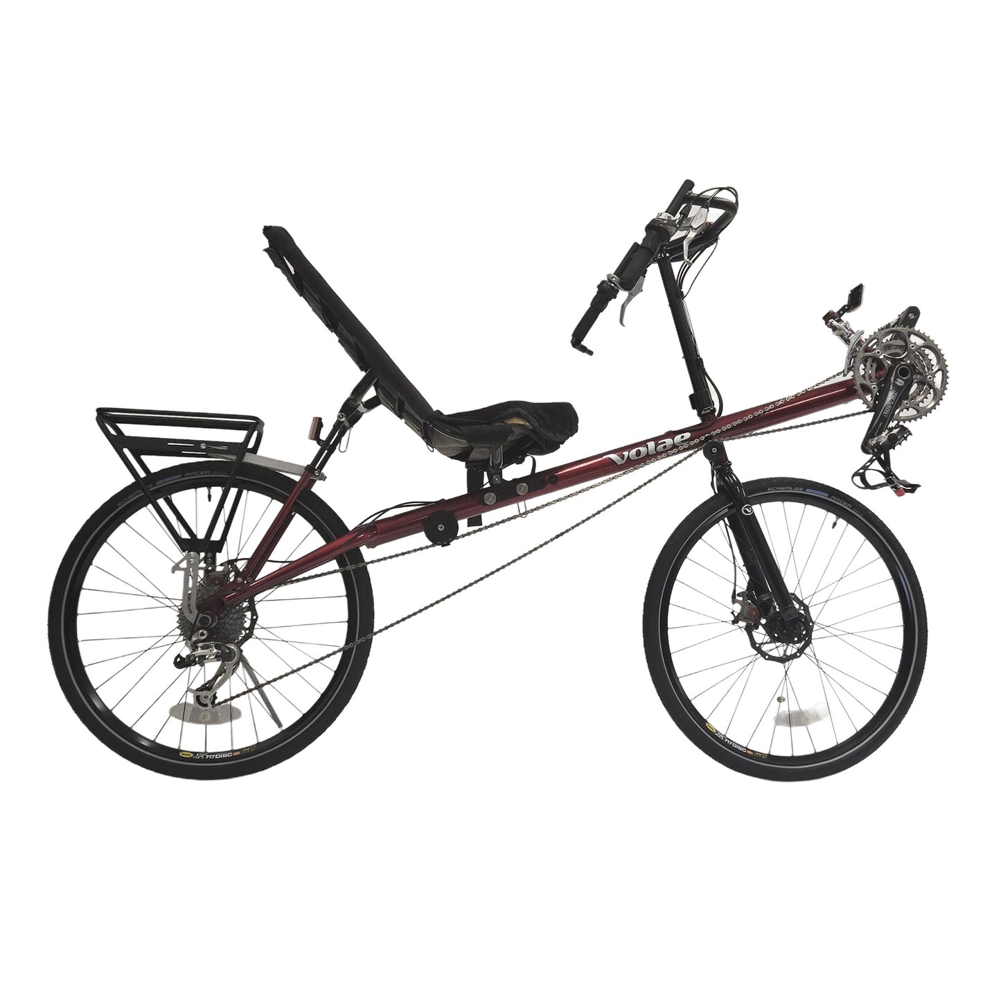 Side view of the Volae Used Expedition Pro Candy Red Recumbent Bicycle XL against a white background.