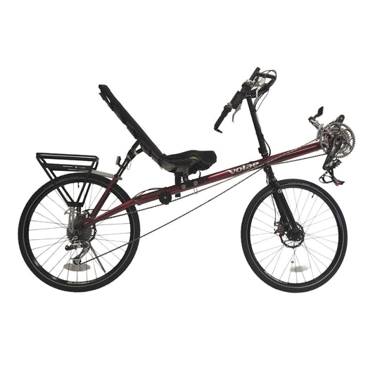 Side view of the Volae Used Expedition Pro Candy Red Recumbent Bicycle XL against a white background.