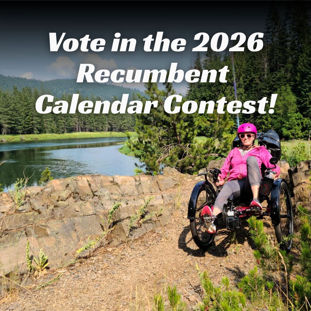Person in pink clothing on a recumbent trike in a scenic outdoor setting with text about voting in the 2026 recumbent calendar contest.