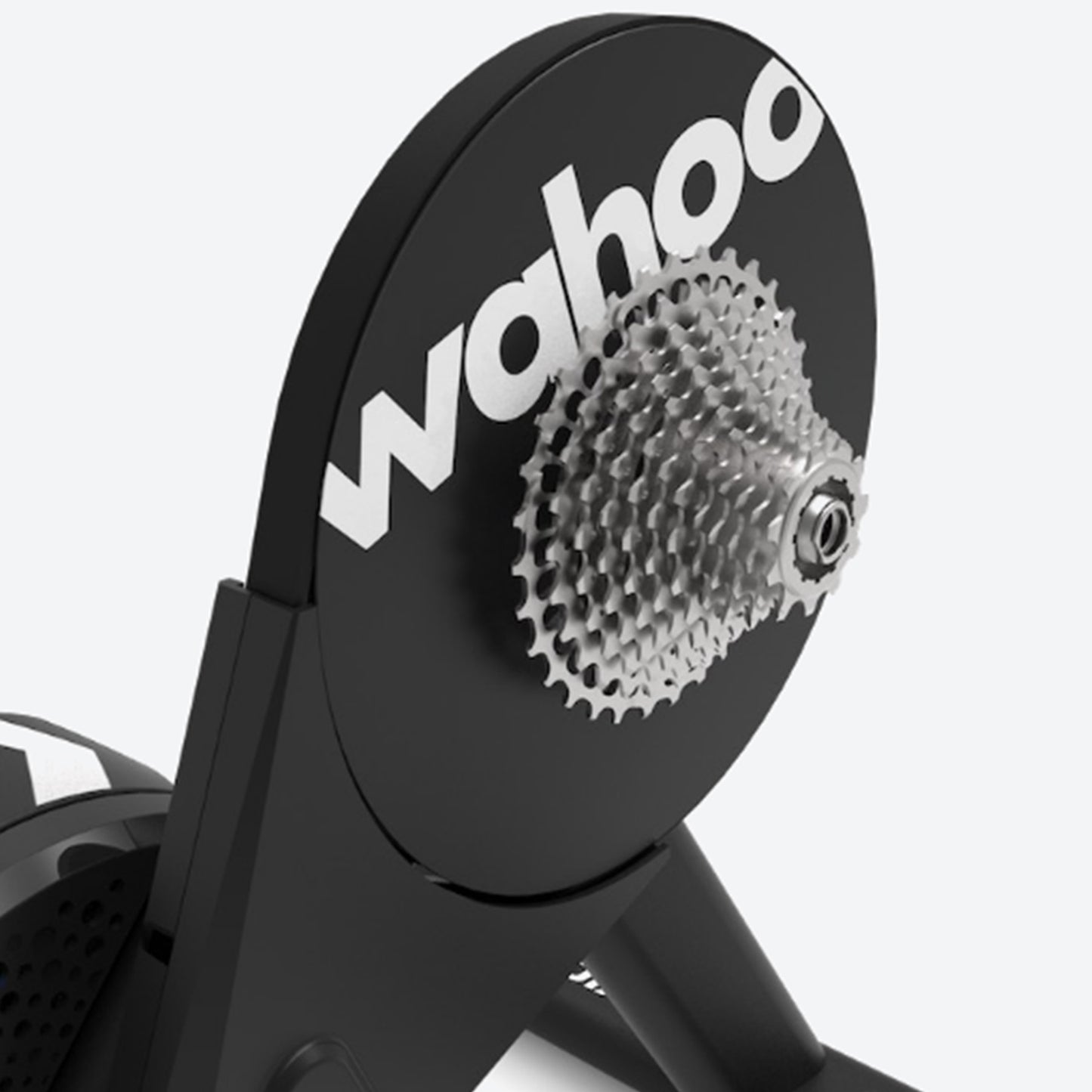 Closeup view of a Wahoo KICKR Core 2 black bike trainer against a white background.