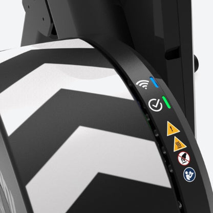Closeup view of the settings for a Wahoo KICKR Core 2 Smart Trainer with Zwift Cog and Click indoor cycling trainer against a white background.