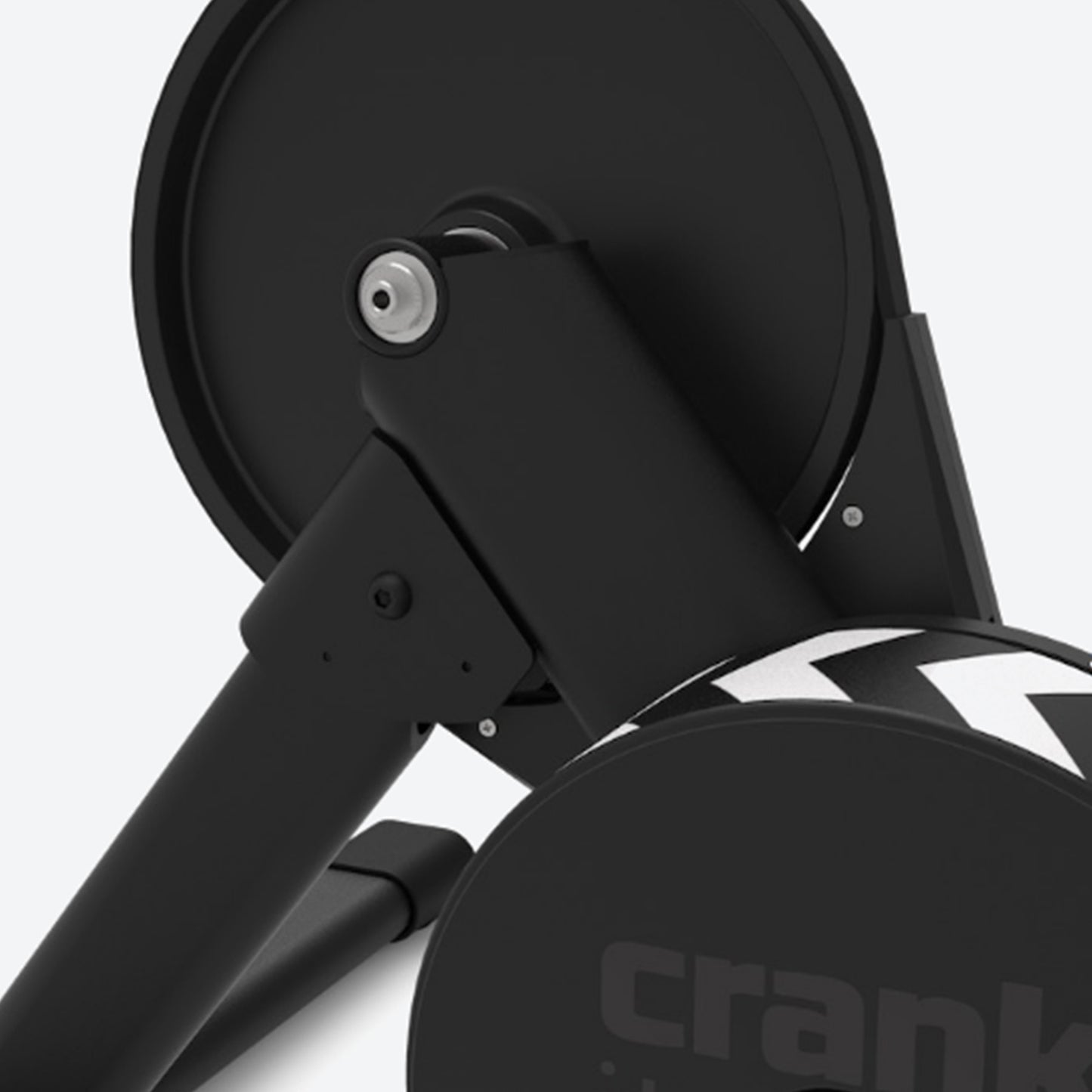 Closeup non-drive side view of Wahoo KICKR Core 2 Smart Trainer with Zwift Cog and Click indoor cycling trainer against a white background.