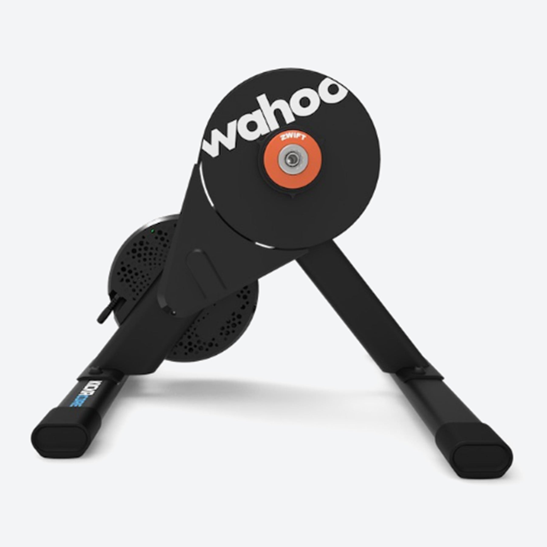 Side view of Wahoo KICKR Core 2 Smart Trainer with Zwift Cog and Click indoor cycling trainer against a white background.