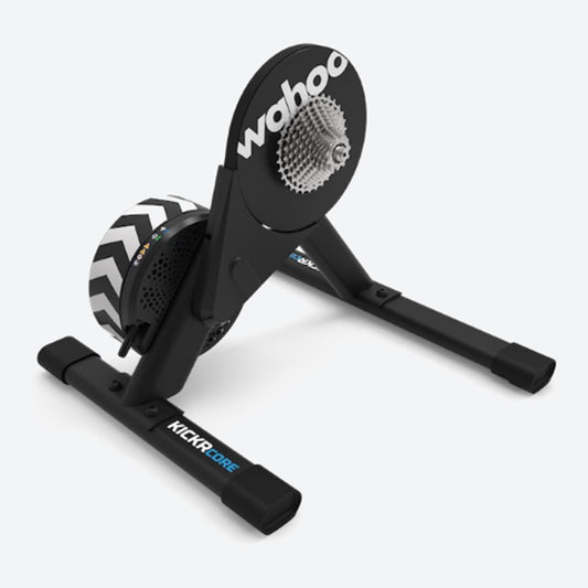 Angled view of a Wahoo KICKR Core 2 black bike trainer against a white background.