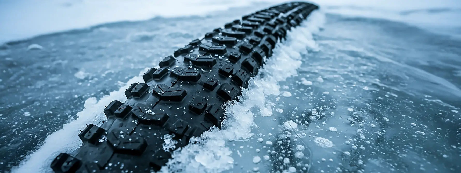 Image of a bike tire tread poking up through solid ice.