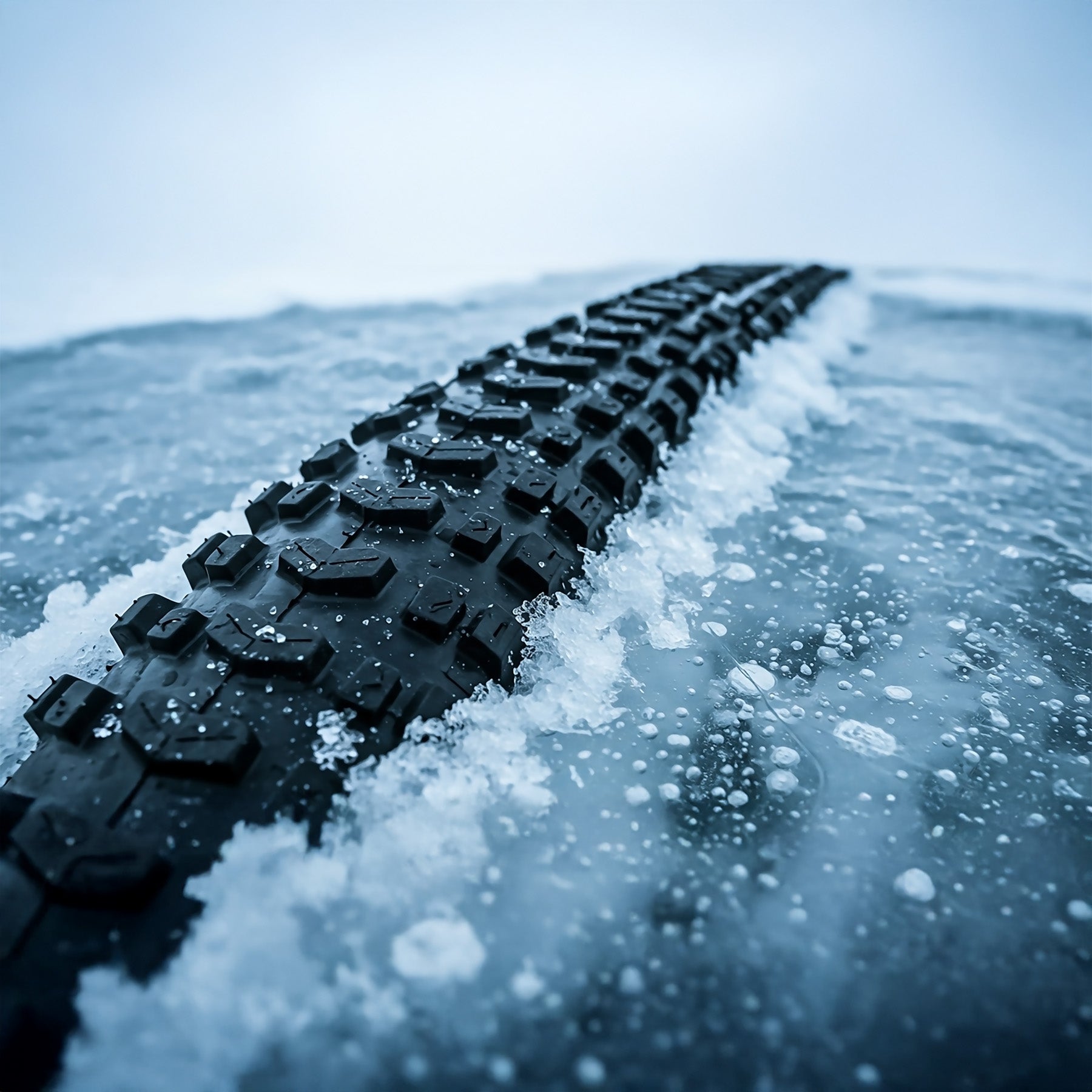 Image of a bike tire tread poking up through solid ice. 