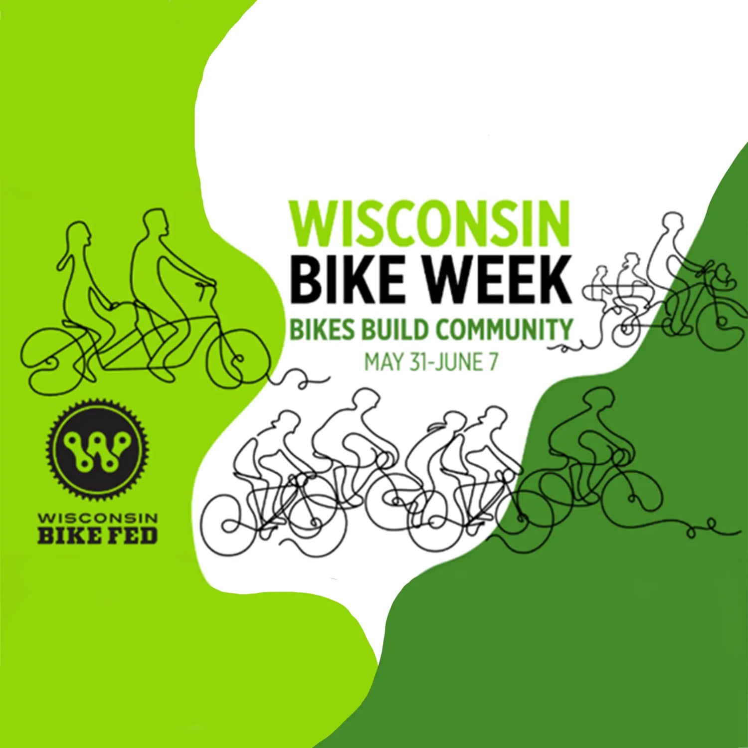 Promotional graphic for Wisconsin Bike Week with green and white background and bicycle illustrations.