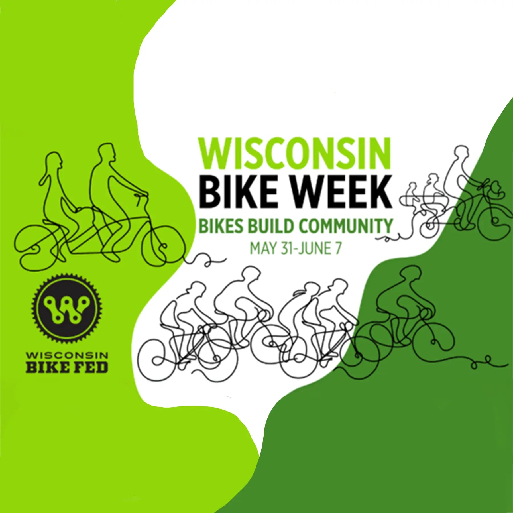 Promotional graphic for Wisconsin Bike Week with green and white background and bicycle illustrations.