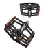 Black pedals with white 45NRTH logo on middle of spindle, orange studs on pedal