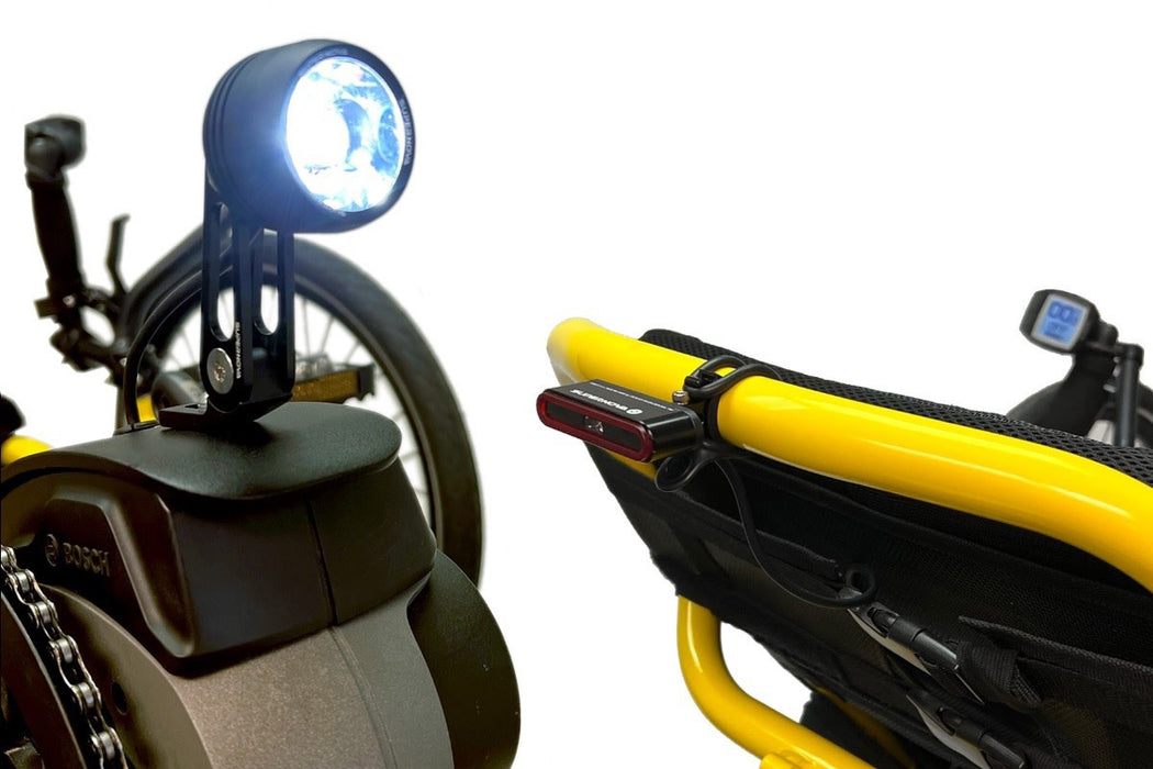 Catrike Supernova light kit with MINI 2 headlight and TL3 PRO taillight mounted on catrike c-Cat trike