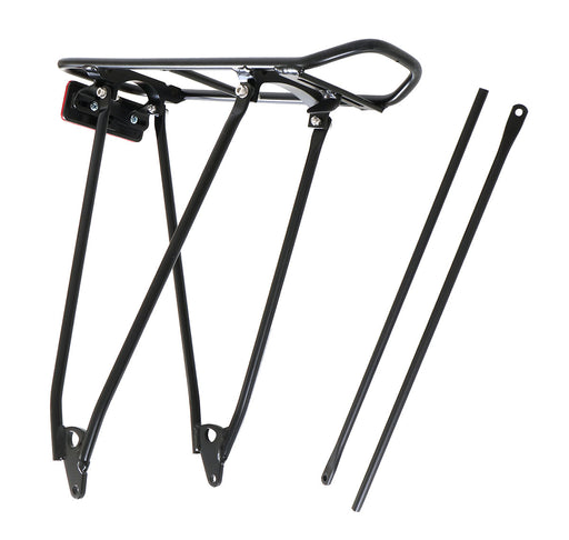 Studio image of black rack with red rear reflector and two support stays 