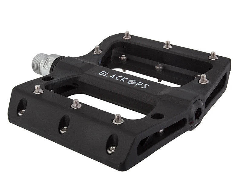 Black-Ops Nylo-Pro-II 9/16 Black pedals on a white background showing the top and the sides of the pedal