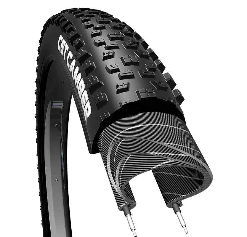 Black mountain bike tire with prominent knobby tread pattern, showing the sidewall and tread direction.