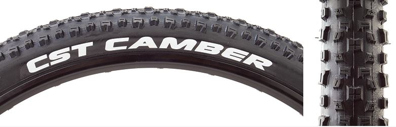 A black mountain bike tire with the text 'CST CAMBER' visible on the sidewall, featuring a tread pattern designed for off-road cycling.