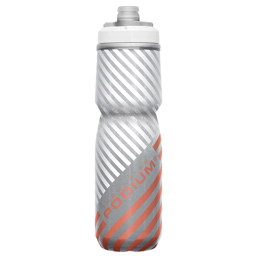 Camelbak Podium water bottle with white cap, white and gray angled stripes on top half of bottle and red and gray stripes on bottom half of bottle.