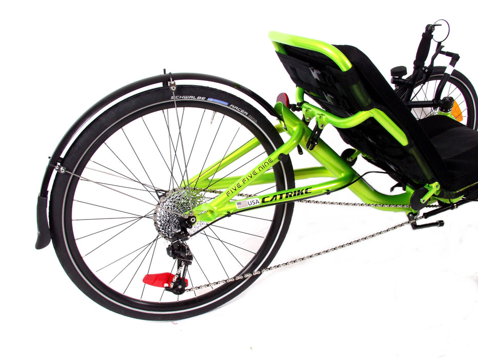 Back wheel view of Catrike 559 in Eon Green frame with 26" wheel and fender