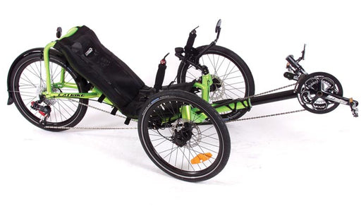 Catrike Pocket recumbent trike in bright green frame, black boom, black 20 inch tires and black mesh seat