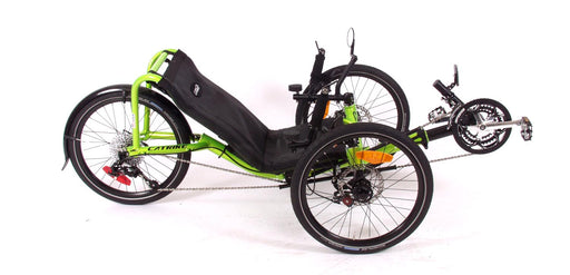 Catrike Pocket recumbent trike in Eon Green frame with black Catrike lettering on back. Equipped with 20" black wheels, black rear fender, black seat mesh and black boom.