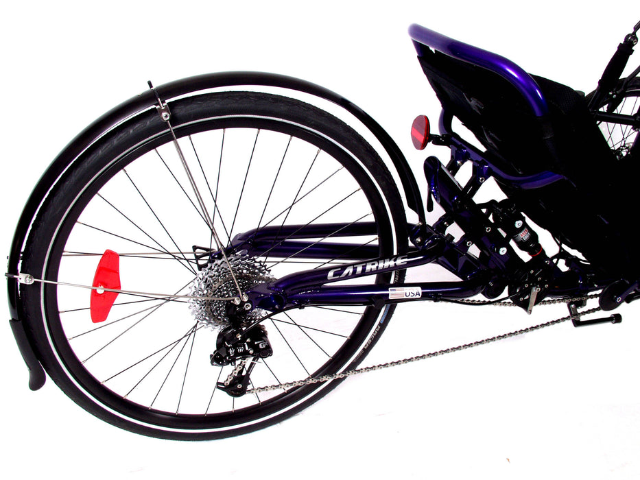 Catrike Dumont recumbent trike in Cady Purple, back half view of rear wheel, seat and suspension