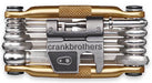 Top view of a gold and silver Crank Brothers Multi 17 tool showing all tools folded together.