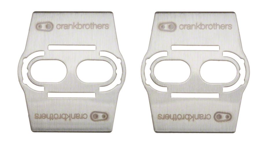 Crank Brothers Shoe Shields on a white background showing 2 of them face up with crankbrothers text shown