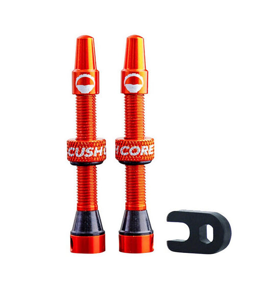 Set of two Orange, white and black, 44 mm. presta valve CushCore Tire Inserts.