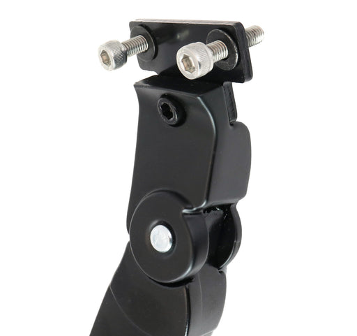 Close up view of mounting hardware on a Cyclist Choice adjustable kickstand showing 2 allen head bolts through a black top-plate.