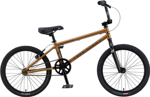 Side view of the Free Agent Maverick 20" wheeled  BMX bike in gold.