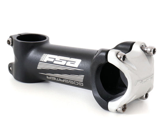 A black and silver Full Speed Ahead Gossamer 110 stem for bicycles, showing the brand logo on the side.