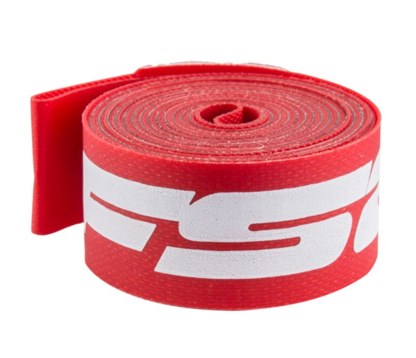 A red bicycle rim strip with the Full Speed Ahead logo printed on it.