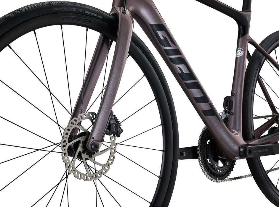 Close up view of front wheel and frame of a Giant Defy Advance road bicycle depicting black front wheel and tire with a silver disc brake. Frame is mauve with black Giant lettering along side of down-tube.