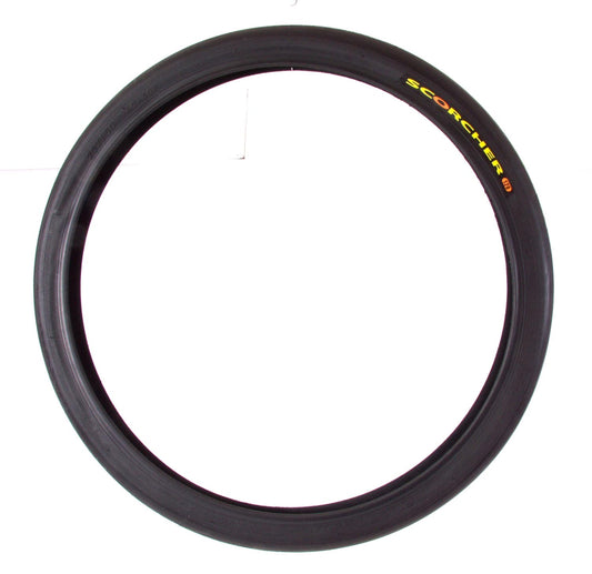 A black bicycle tire with the text 'SCORCHER 20' visible on the sidewall.