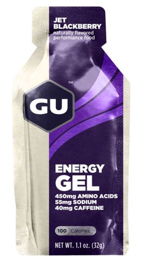 Packet of Gu Energy Gel in Jet Blackberry flavor. Packet is off-white on the sides, with shades of swirled down the middle and white text.  
